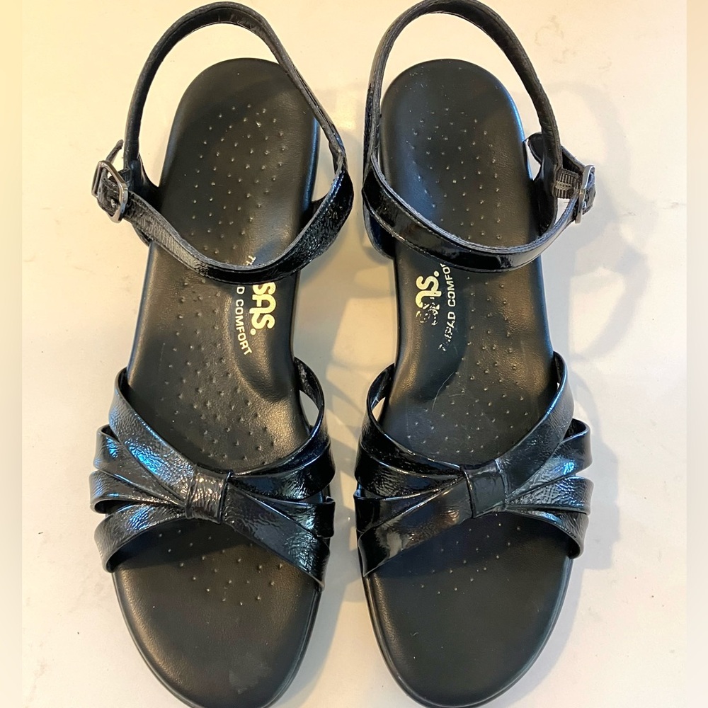 Handcrafted SAS Strippy wedge sandal in black patent leather, size 9.5